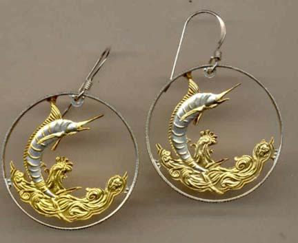Bahamas 50 Cent "Blue Marlin" Two Toned Coin Cut Out Earrings