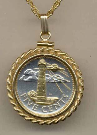 Barbados 5 Cent "Lighthouse" Two Tone Gold Filled Rope Bezel Coin Pendant with 18" Chain