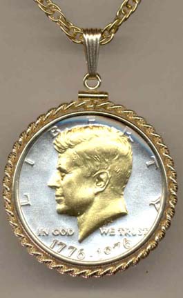 Bicentennial Kennedy Half Dollar (1976) Two Tone Rope Bezel U.S. Coin Pendant with 24" Chain
