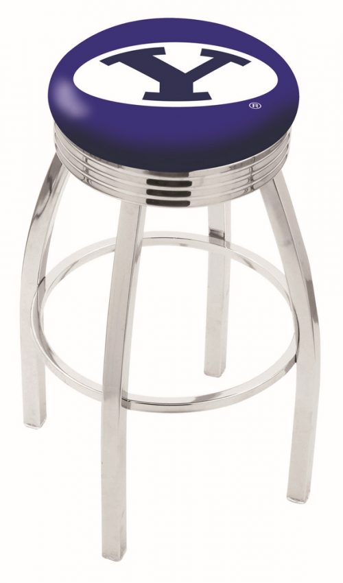 Brigham Young (BYU) Cougars (L8C3C) 25" Tall Logo Bar Stool by Holland Bar Stool Company (with Single Ring Swivel Chrome Solid Welded Base)