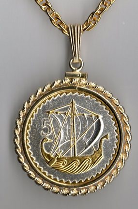 Cyprus 5 Mils "Viking Ship" Two Tone Rope Bezel Coin on 18" Chain