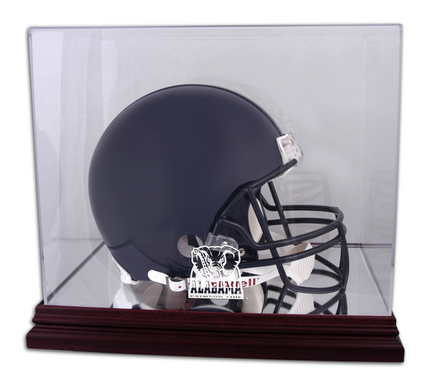 Full Size Football Helmet Display Case with Mahogany Finished Base and Alabama Crimson Tide Logo
