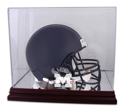 Full Size Football Helmet Display Case with Mahogany Finished Base and Michigan Wolverines Logo