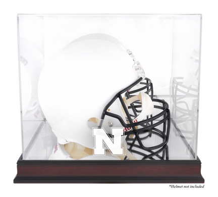 Full Size Football Helmet Display Case with Mahogany Finished Base and Nebraska Cornhuskers Logo