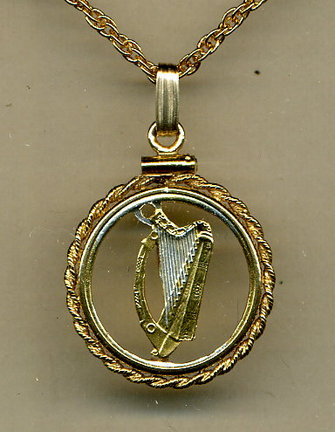Irish 1/2 Penny "Harp" (1971 - 1986) Two Tone Coin Cut Out Pendant with 18" Chain and Rope Bezel