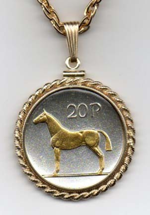 Irish 20 Pence "Horse" Two Tone Rope Bezel Coin Pendant with 24" Chain