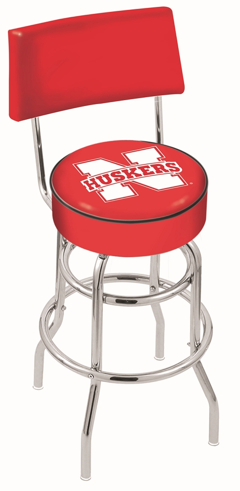 Nebraska Cornhuskers (L7C4) 30" Tall Logo Bar Stool by Holland Bar Stool Company (with Double Ring Swivel Chrome Base and Chair Seat Back)