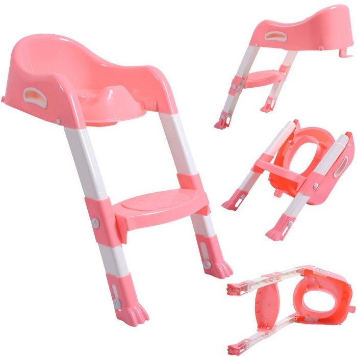 Online Gym Shop CB17183 Toilet Potty Trainer Seat Chair with Ladder Step Up Stool for Toddler Pink