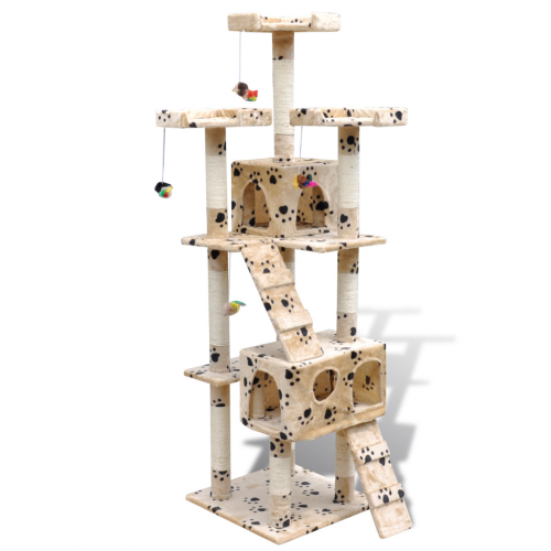 Online Gym Shop CB17658 Cat Tree Scratching Post 2 Condos with Paw Prints Beige - 67 in.