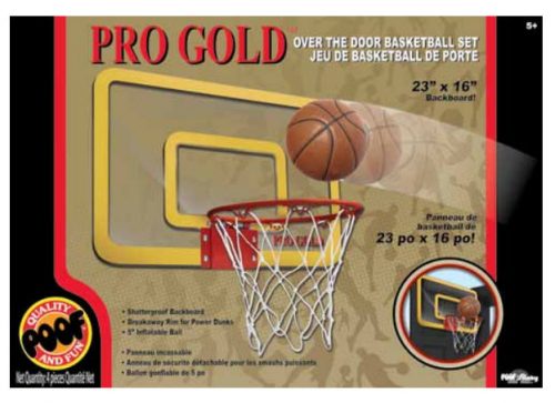 POOF-Slinky 464BL POOF Pro Gold Over The Door 23-Inch Breakaway Rim Basketball Hoop Set with Clear Shatterproof Backboard and 5-Inch Inflatable Ball