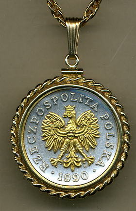 Polish 50 Zlotych "Eagle" Two Tone Gold Filled Rope Bezel Coin Pendant with 24" Chain