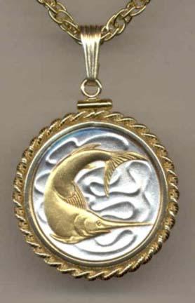 Singapore 20 Cent "Swordfish" Two Tone Gold Filled Rope Bezel Coin Pendant with 18" Chain