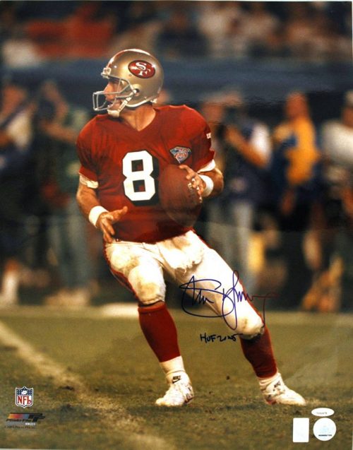 Steve Young San Francisco 49ers Autographed 16" x 20" Unframed Photograph Inscribed "HOF 2005" (Back to Pass)