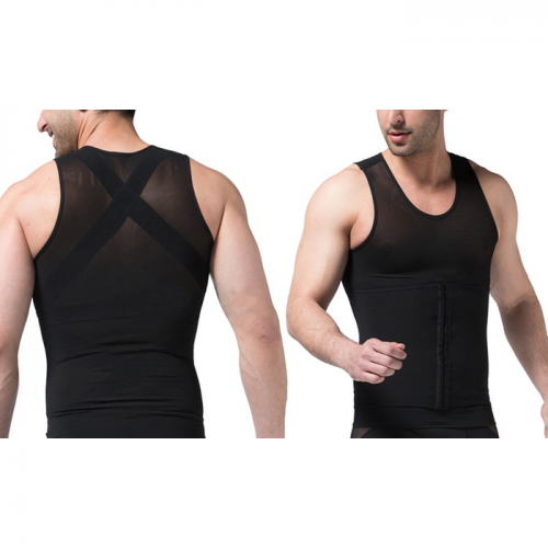 Tagco USA EF-3CPSB-BLA-XL 3-in-1 Men Compression & Posture Corrector Shirt with Slimming Belt Black - Extra Large