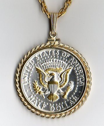U.S. Kennedy Half Dollar Eagle Reverse (Minted 1970 - Date) Two Tone Rope Bezel Coin on 24" Chain