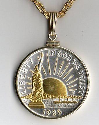 U.S. Statue of Liberty Half Dollar (Minted 1986) Two Tone Plain Bezel Coin with 24" Chain