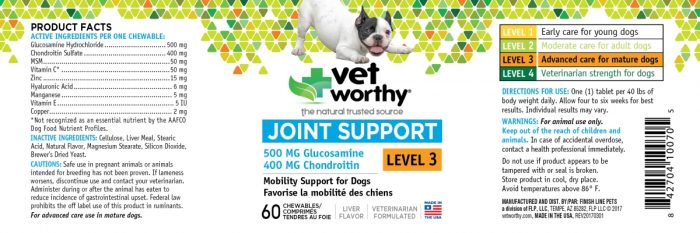Vet Worthy 0070-5 Joint Support Level 3 Chewable 60 Count - Pack of 3