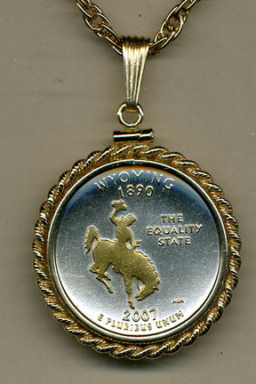 Wyoming Two Tone Rope Bezel Statehood Quarter Pendant with 18" Rope Necklace