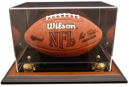 Zenith" Football Display Case with Gold Risers, Black Acrylic and Brown Wood Base